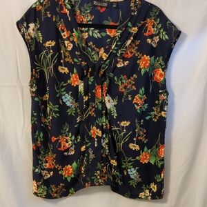 Zac & Rachel Navy Floral Tie-Neck Cap Sleeve Blouse